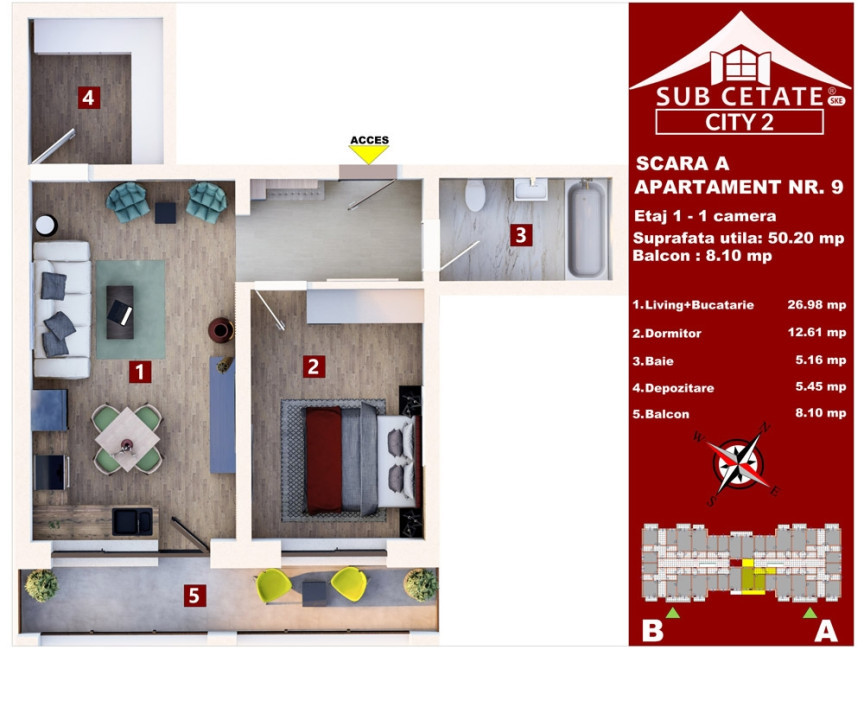 Apartament, 50 mp utili, încălzire în pardoseală, 2 parcări, Sânpetru